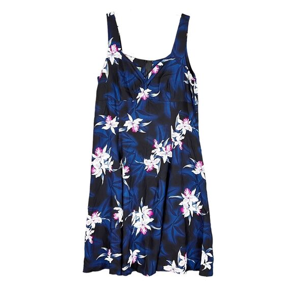 Two Palms Flare Midi Hawaiian Dress Sweetheart Neck Navy w White Pink Orchid 2XL - Picture 1 of 9